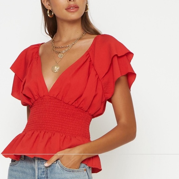 4SI3NNA Tops - 4SIENNA Red Flutter Sleeve Smocked V-Neck Blouse